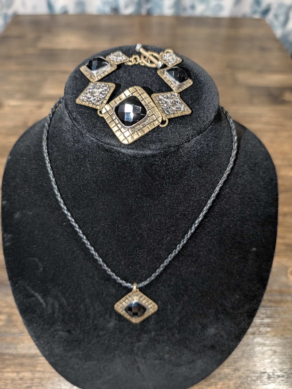 Sara Blaine Rare Brass Necklace and Bracelet Set with Black Stones
